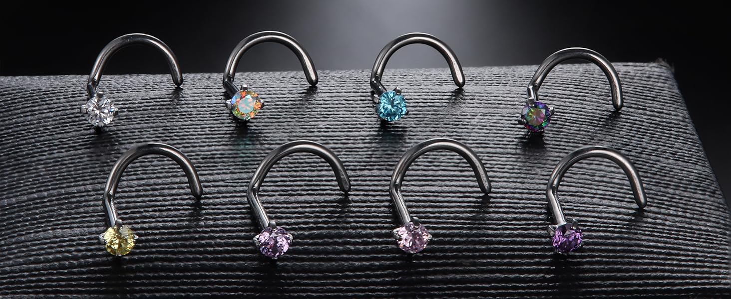 LOYALLOOK 8counts Nose Rings Studs Titanium Nose Rings 20G/18G Corkscrew Nose Ring L Shape Nose Studs Diamond CZ Silver Gold Nose Screw Rings Studs Hypoallergenic Nose Piercing Jewelry 1.5mm 2mm 2.5mm 3mm Gauge Size Trendy Modern Fashion