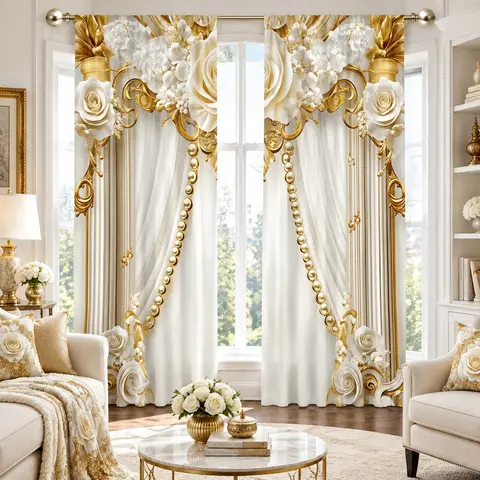 2 pieces of high-definition digital platinum rose imperial pattern printed curtains. Filtered, fade-resistant, washable by hand and machine, suitable for bedroom and living room home decoration Window Curtain Window Drapes Home Decorative Curtain