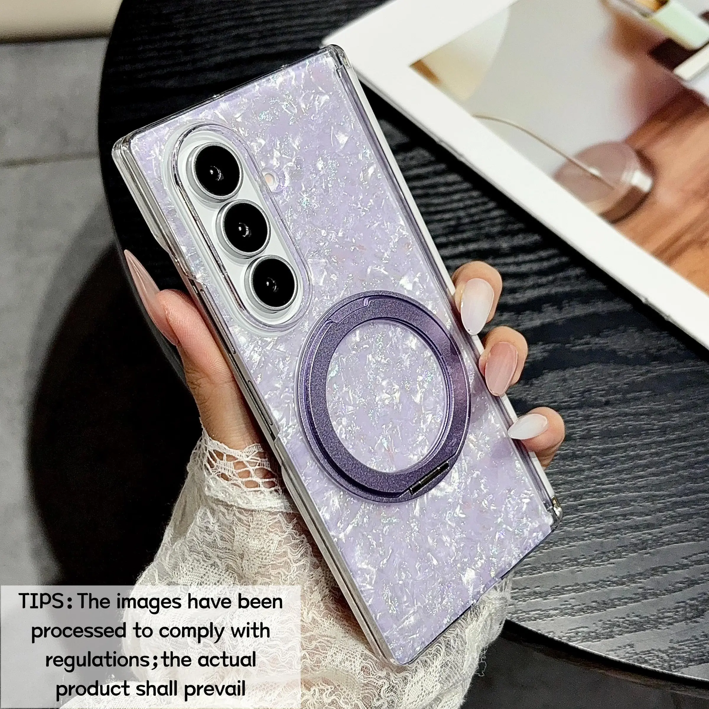 Luminous Shell Pattern & Central Axis Magnetic & Stand Phone Case for Samsung Galaxy Z Fold 5/8/8Ultra, Magnetic Rotating Stand Combines Multiple Practical Functions for Car Mount, Video Watching, and Wireless Charging, Protective Case, Cover, Accessories