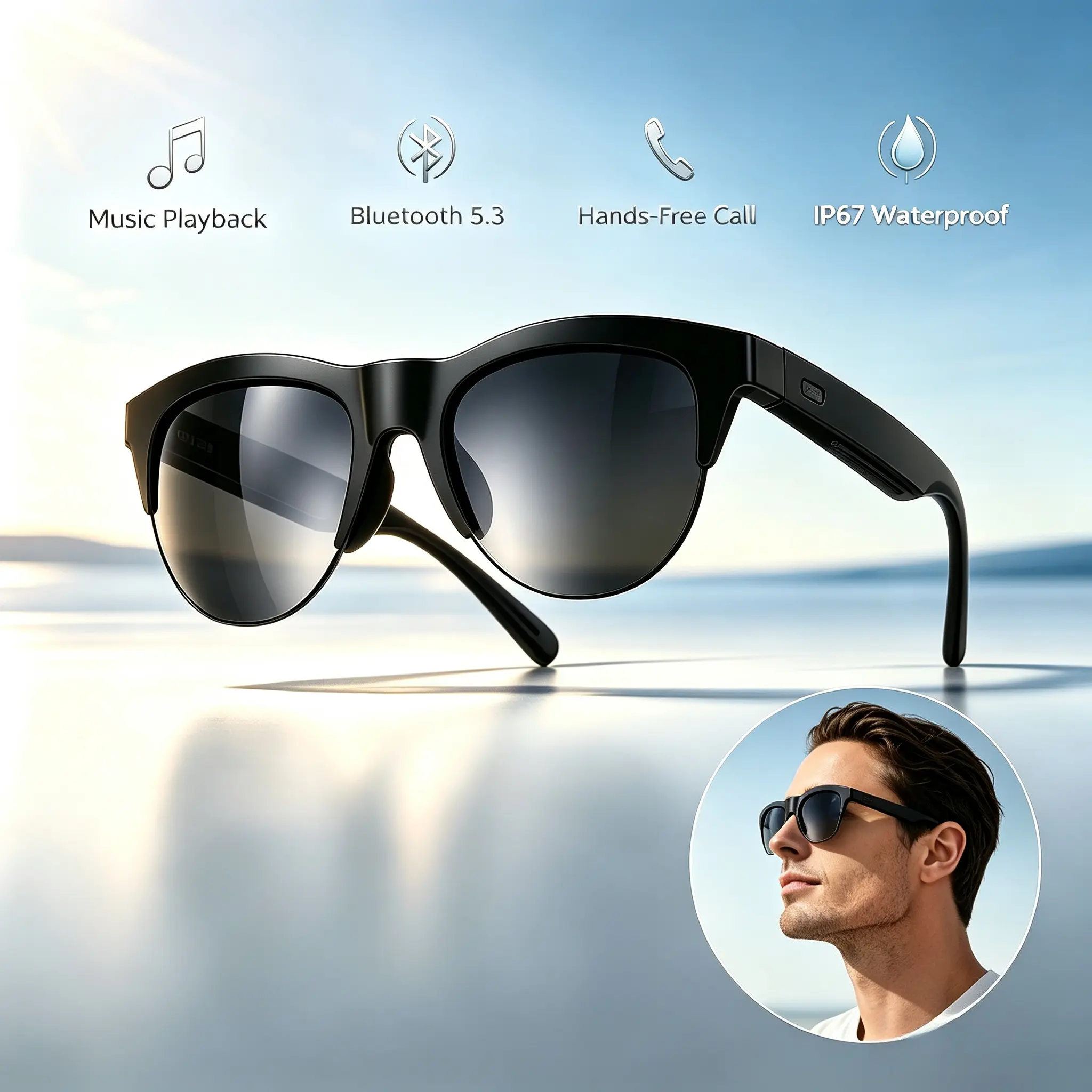 Open Ear Smart Audio Sunglasses, Wireless Bluetooth Glasses with Built-in Mic, HD Call Stereo Speaker Eyewear, IPX4 Waterproof Smart Glasses for Cycling, Running, Driving and Daily Use