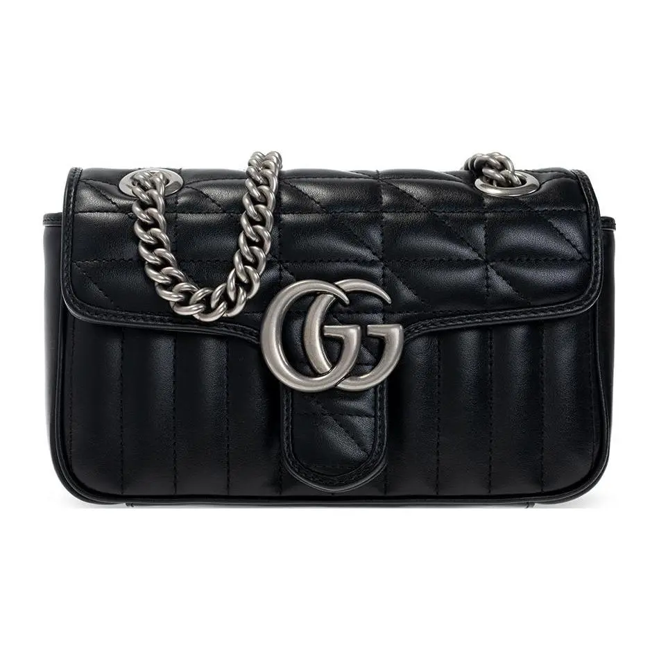 Gucci GG Marmont Distressed Double G Logo Crossbody Bag for Women, Quilted Leather, Vertical Stripe Geometric Design, Black