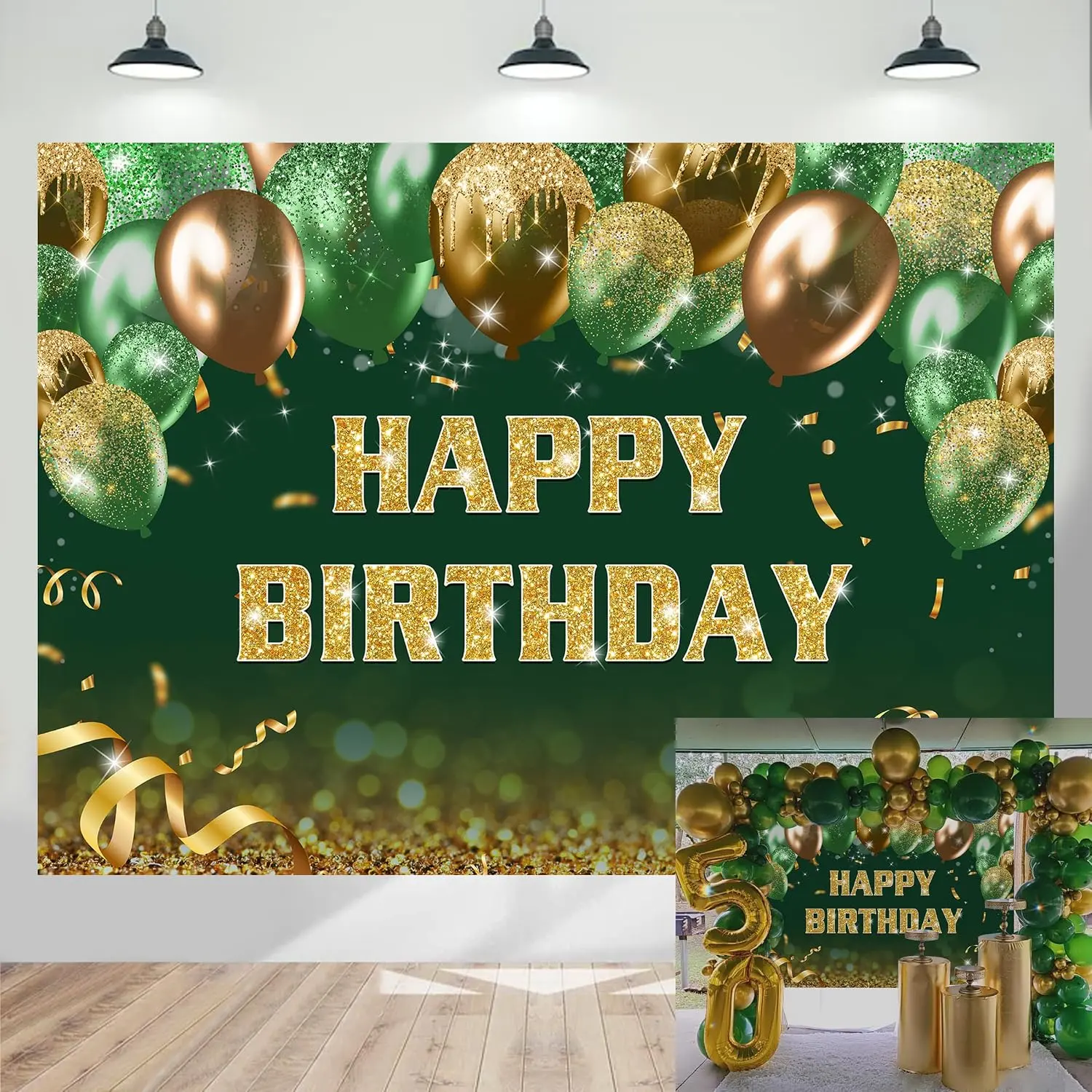 7x5ft Green  Birthday Backdrop  Green Glitter Bokeh Balloons Happy Birthday Photography Background for Women Men  Party Decoration Photo Banner Props