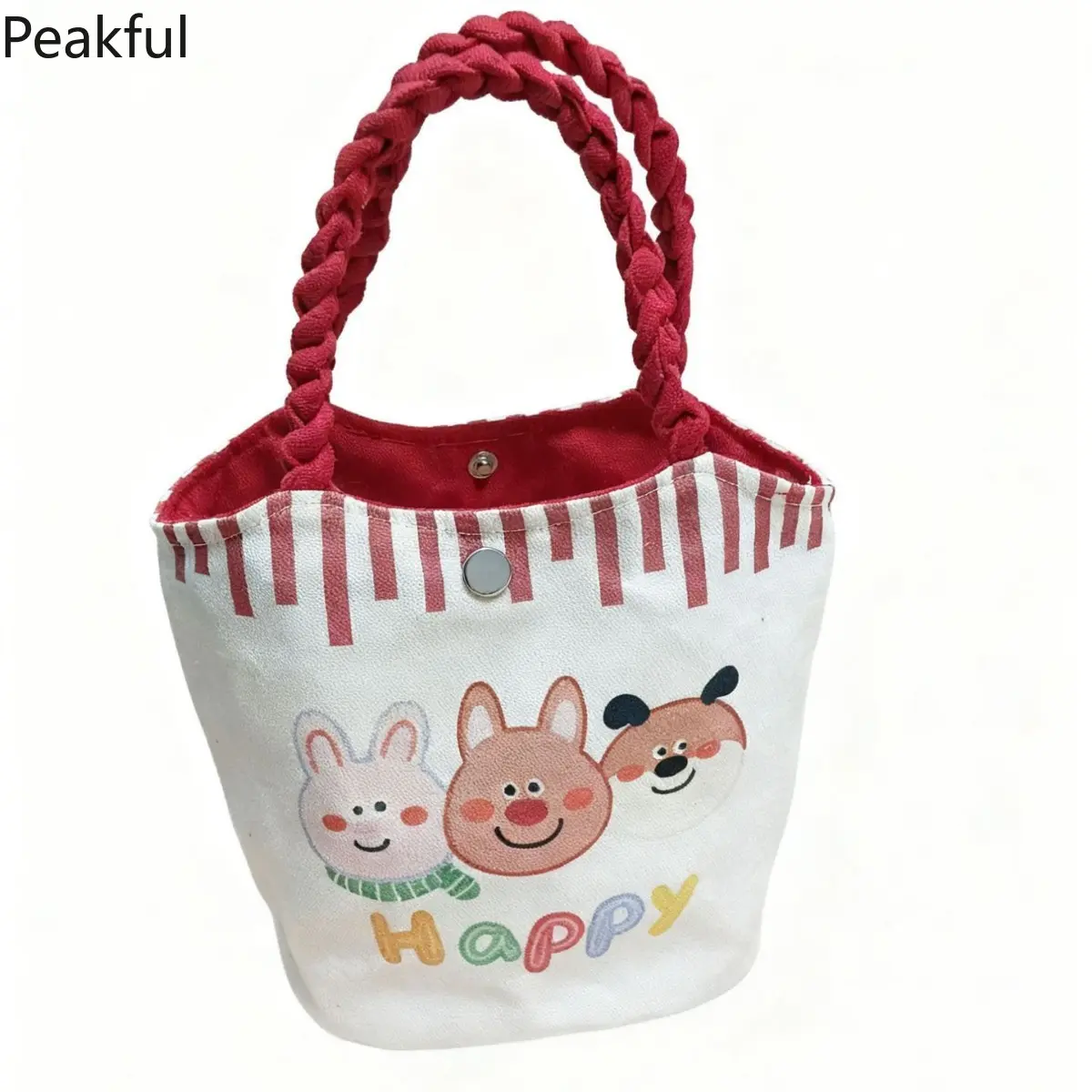 Viral cartoon printed striped shoulder canvas bag with colorful inner lining Niche kawaii cherry & puppy graphic large capacity daily handbag with snap button closure perfect for school, grocery shopping, picnic trips and casual daily outings