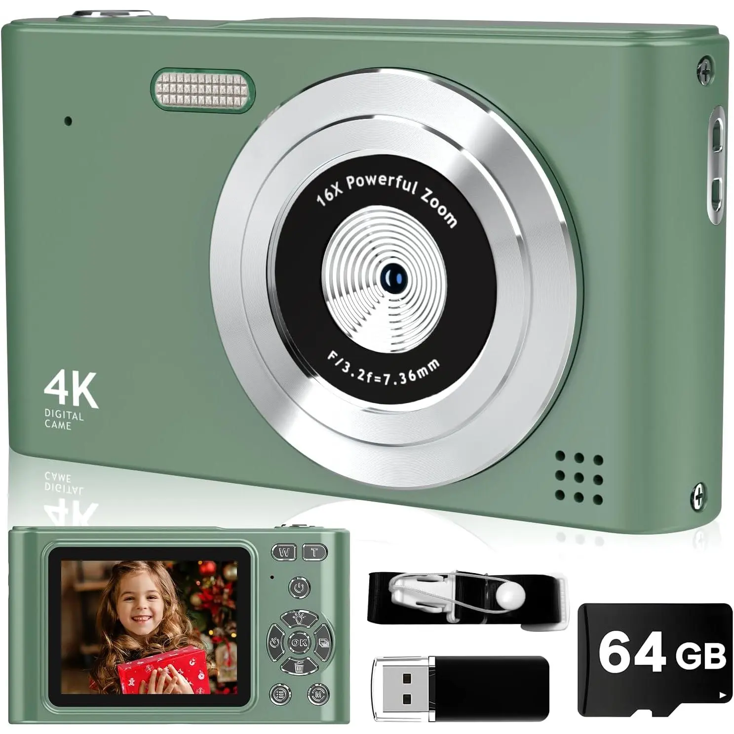Digital Camera, 44MP  1080P Point and Shoot Camera with 64GB Card, Anti Shake 16X Zoom Compact Volg Cameras, Portable Small Camara  for , Ages Teen Girl Boy - Green