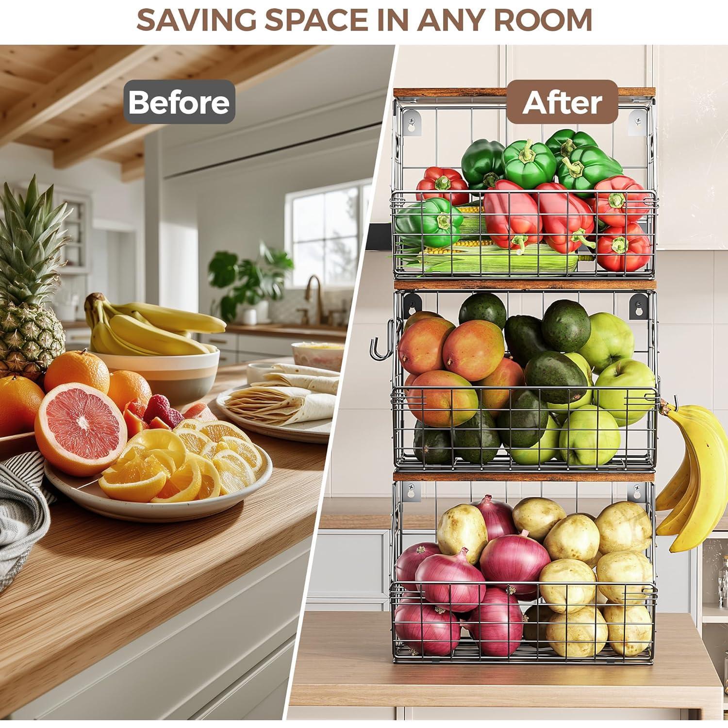 3 Pack Stackable Metal Fruit Basket with  Lid-Wall Mounted&Countertop Organizer for Kitchen,Pantry- Ventilated Storage for Onions,Potatoes,Fruits,Spices