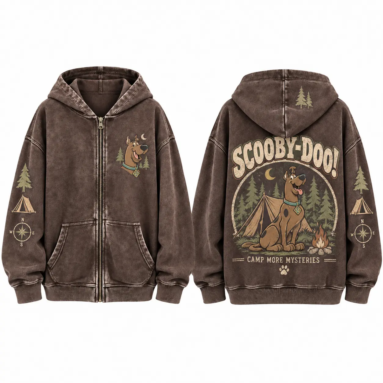 Scooby-Doo Camping Graphic Zip-Up Hoodie, Brown Vintage Cartoon Full Zip Sweatshirt, Camp More Mysteries Back Print, Long Sleeve Hooded Jacket with Pockets, Retro Casual Streetwear