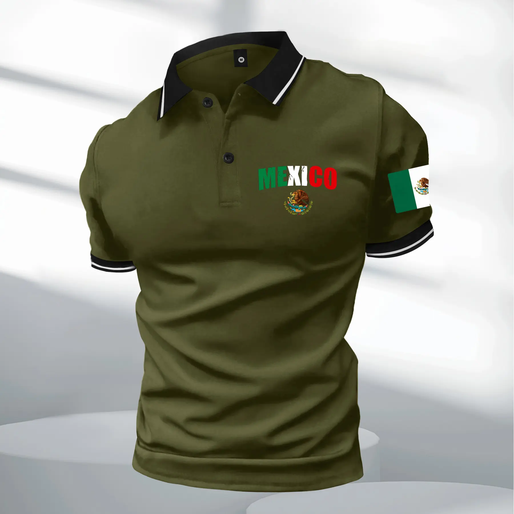 Men's Mexican Flag Graphic Polo Shirt, Fitted Color-Block Top with Contrast Binding, Casual Printed Shortsleeve for Summer, Printed Polo Shirt, Contrast Binding Polo Shirts