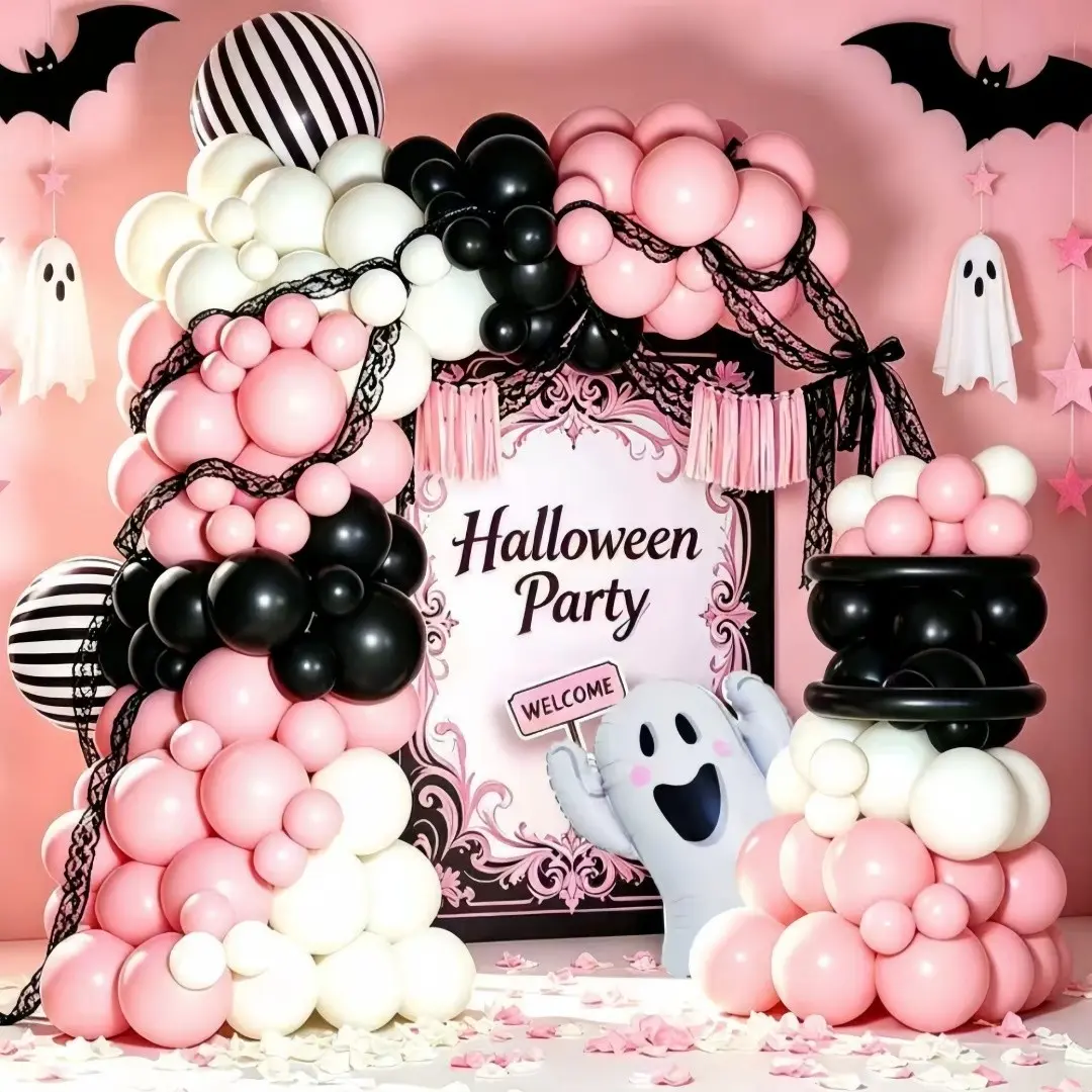 107pcs Halloween Balloon Arch Set, Cute Ghost Foil Balloon, Striped Balloons, Mixed Latex Balloons for Kids Party