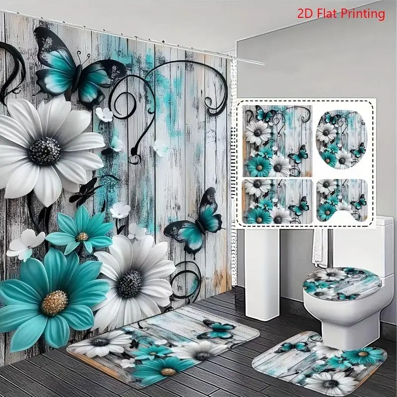 1/4PCS Teal & White Floral Butterfly Bathroom Set – 2D Flat Printing, Includes Shower Curtain, Non-Slip Rugs & Toilet Lid Cover, Exquisite & Practical Home Decoration Gift