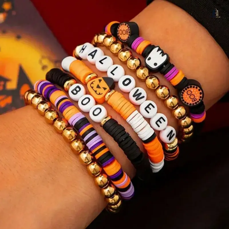 Punk Gothic Multi-layered Bracelet Set with Polymer Clay Pumpkin and Letter Beads, Unisex Overlapping Wrist Jewelry for Halloween Party Wear