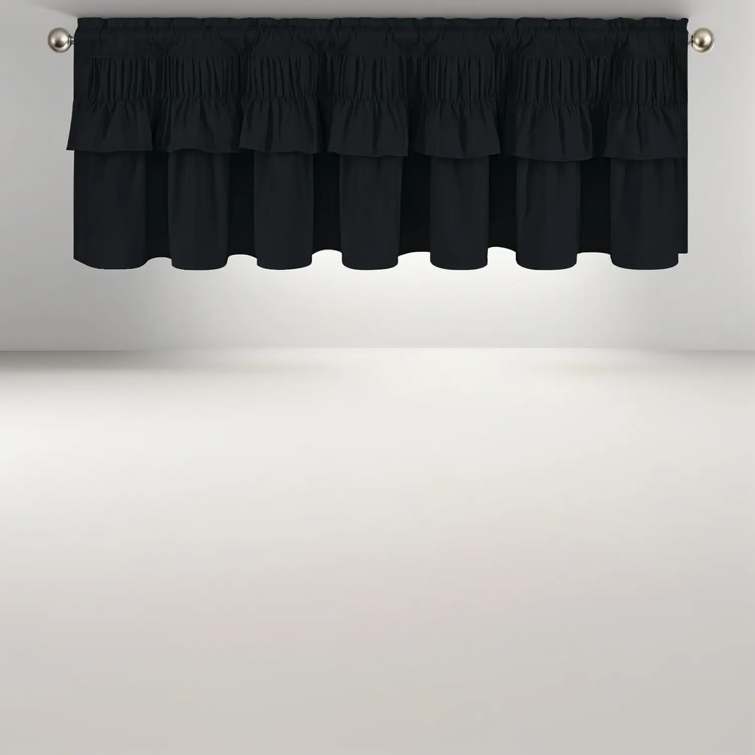 Black Ruffle Window Valance Curtains, Farmhouse Rustic Blackout Rod Pocket Valance 52" W x 18" L for Kitchen Bedroom Bathroom