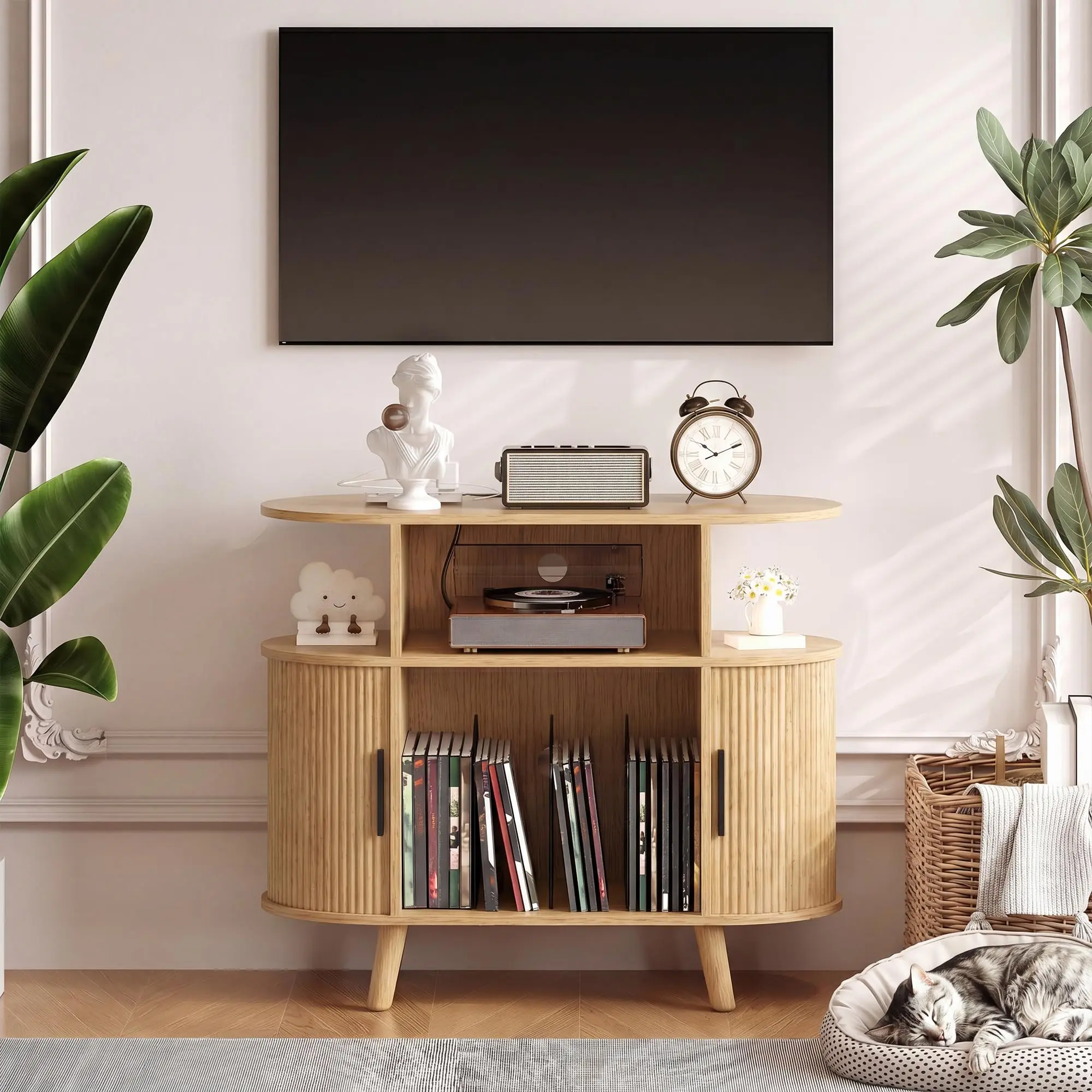 Mid-Century Modern Fluted Record Player Stand - Large Vinyl Storage for Up to 300 Albums, Built-in Charging Station, Display Shelf, Arched Wood Turntable Cabinet - Perfect for Living Room Entertainment