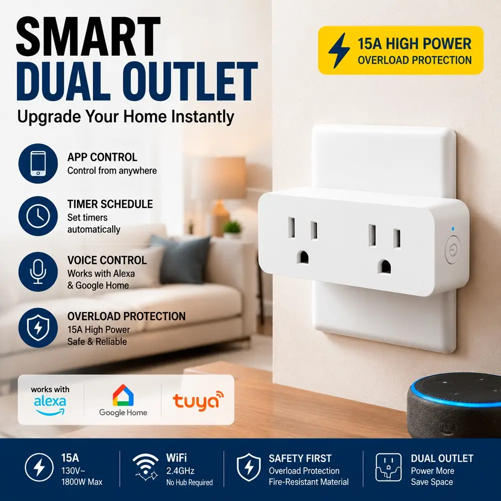 15A WiFi Smart Dual Outlet, Smart Wall Plug with Energy Monitoring, Remote APP Control, Timer & Voice Control Compatible with Alexa Google Home
