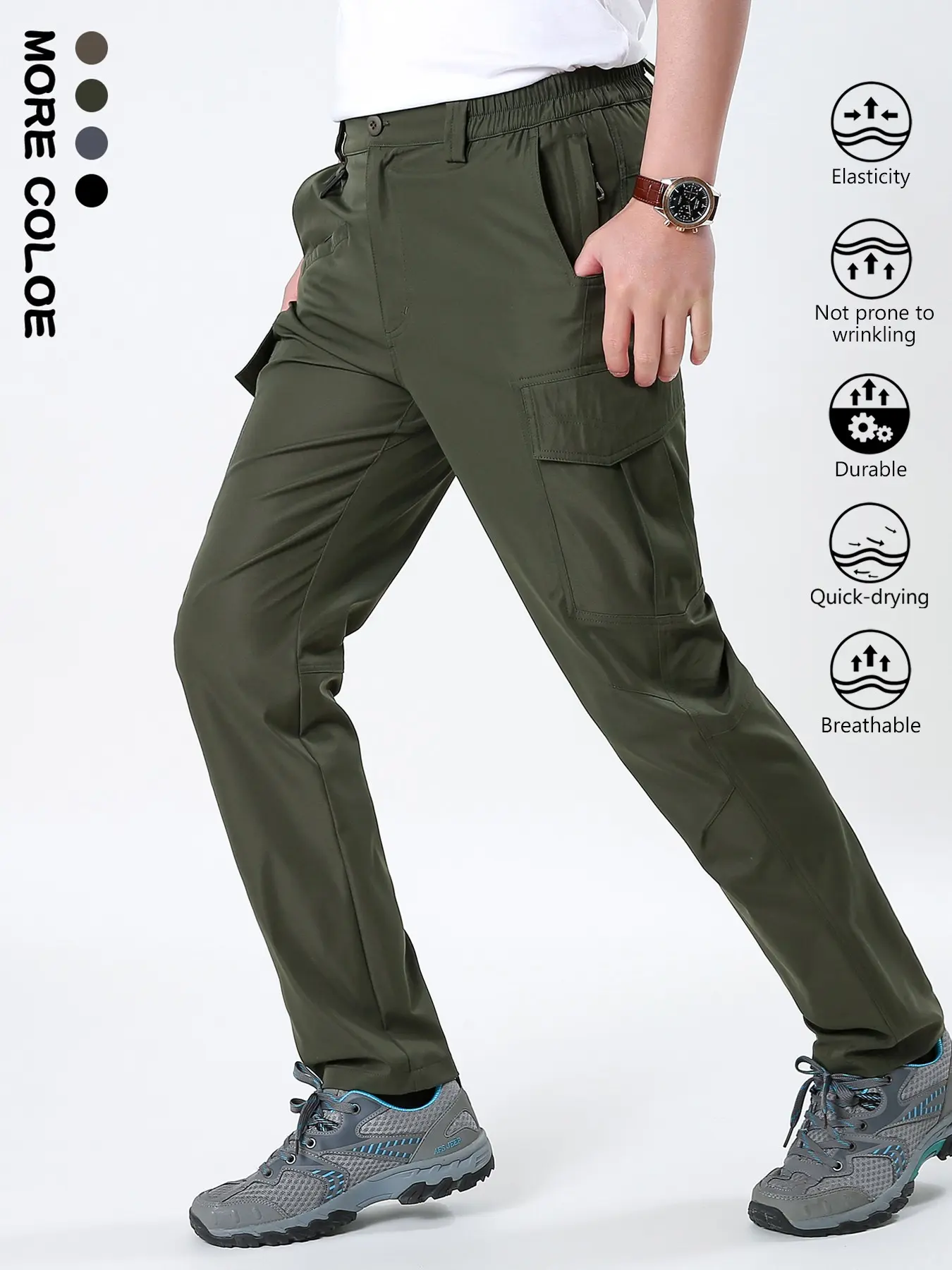 2026 New Arrival Men Outdoor Multi Pocket Quick Dry Stretch Cargo Hiking Pants Wrinkle Resistant Breathable Durable Elastic Waist Straight Leg Tactical Trekking Trousers Camping Cycling Daily Outerwear Black Dark Gray Army Green Khaki Four Color Options