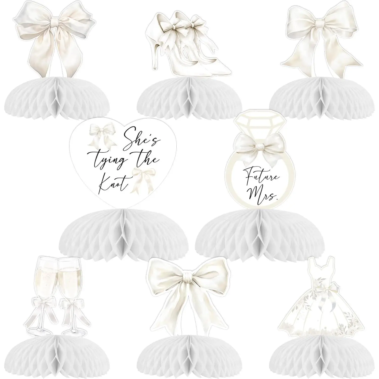 8-Count Modern Paper Bow Theme Table Toppers with Double-Sided Print, White Bow Centerpieces for Bachelorette Parties & Bridal Shower Decor (She's Tying The Knot Stickers Included), Engagement Decor, Party Supply