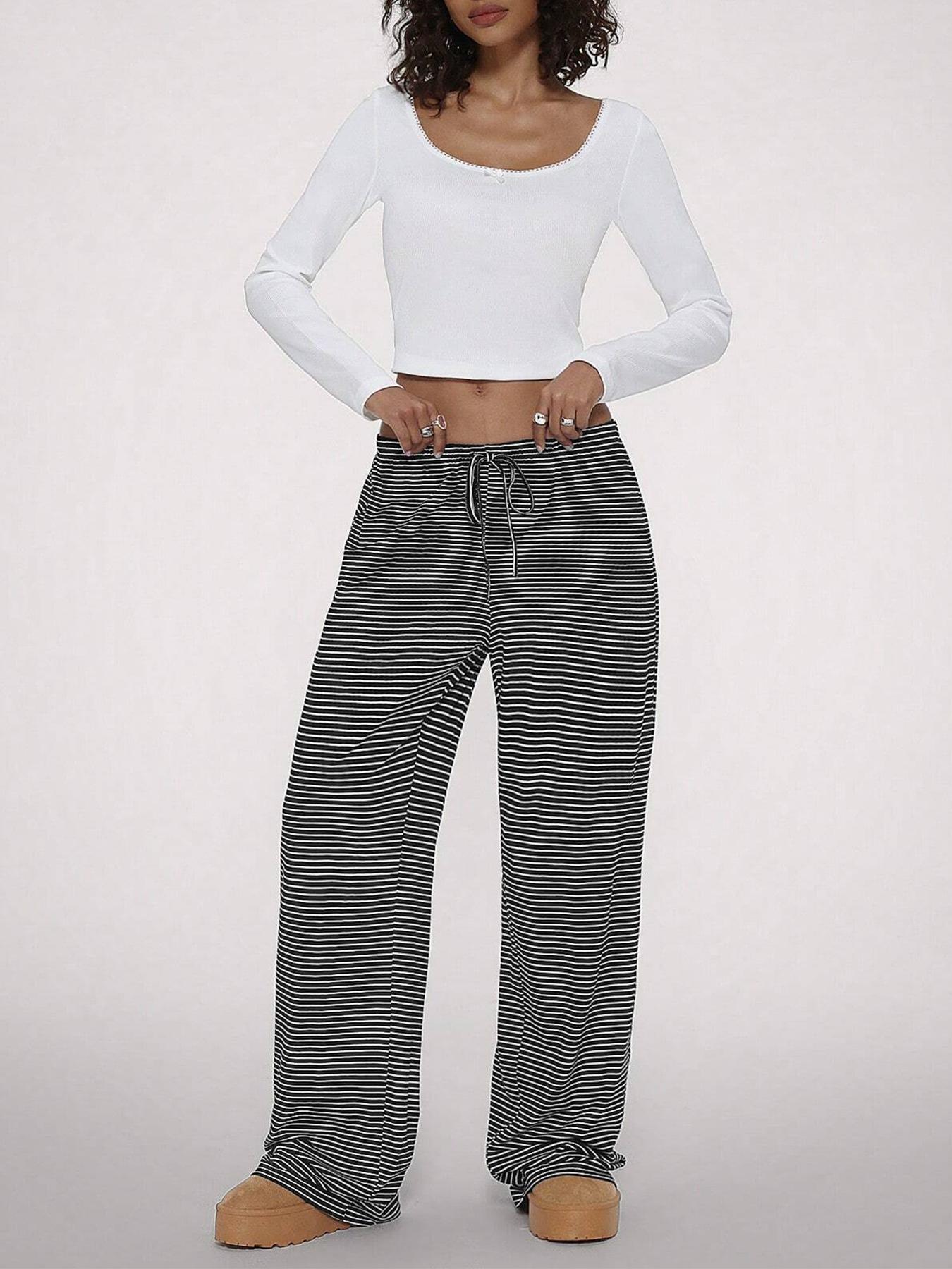Women's Striped Print Drawstring Waist Pants, Casual Comfy Trousers for Daily Wear, Ladies Bottoms for Fall