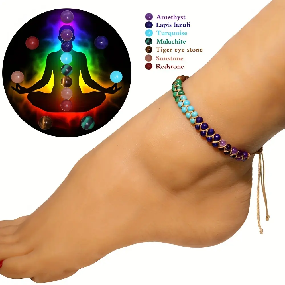 Bohemian Natural Stone Anklet for Women, 1PC Handmade Adjustable Double-Layer Crystal Beaded Foot Bracelet, Vintage-Inspired Colorful Gemstone Ankle Jewelry with Amethyst, Turquoise, Lapis Lazuli & Tiger Eye, Beach and Daily Wear Accessories