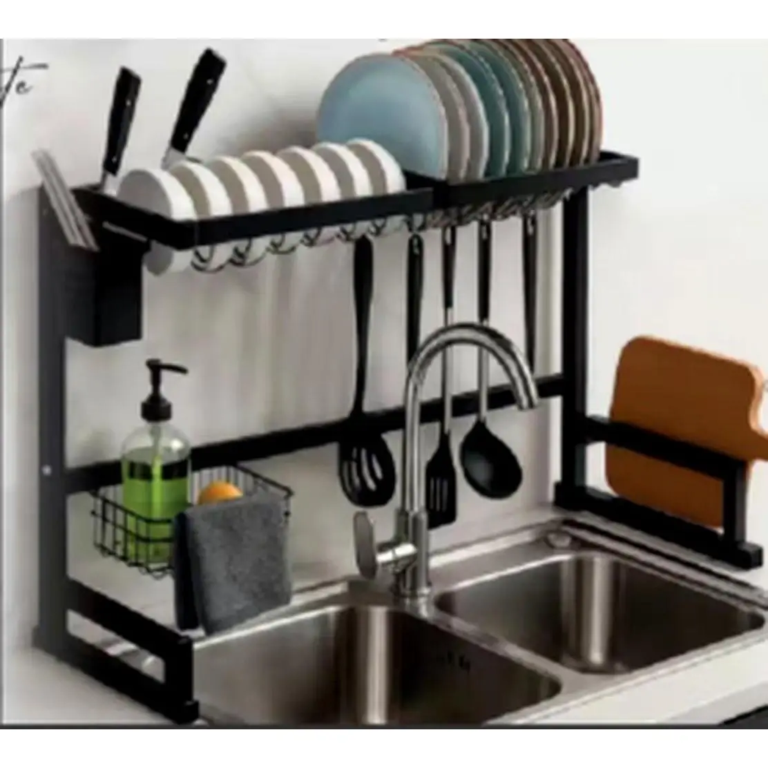 Countertop Dish Drying Rack with Drain Spout, Kitchen Plate Organizer with Utensil Box