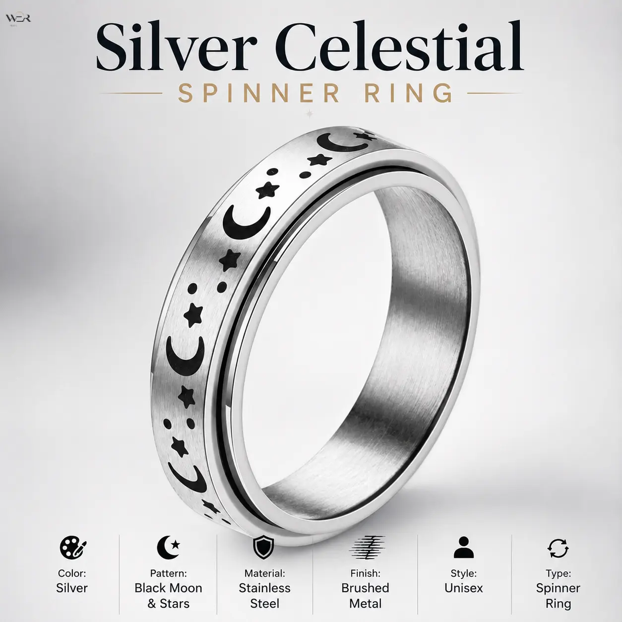 Stainless Steel Moon Star Celestial Spinner Fidget Ring for Women Men, Stress Relief Rotating Band Ring, Minimalist Sky Pattern Anxiety Relief Stackable Ring Daily Meditation Jewelry Gift