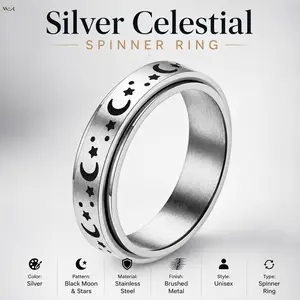Stainless Steel Moon Star Celestial Spinner Fidget Ring for Women Men, Stress Relief Rotating Band Ring, Minimalist Sky Pattern Anxiety Relief Stackable Ring Daily Meditation Jewelry Gift