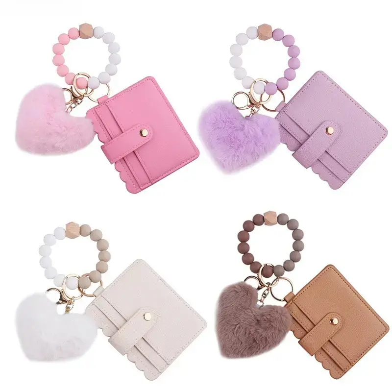 Women's Wristlet Keychain Set with Silicone Beads & Plush Heart Charm, PU Leather Mini Card Holder Wallet with Elastic Bangle Key Ring, Cute Portable Accessory for Keys, ID, Travel & Daily Use