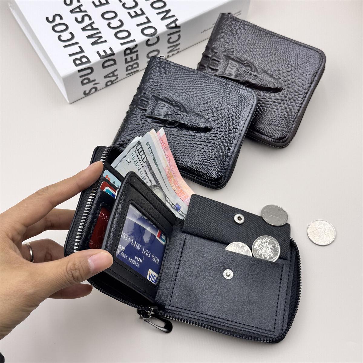 Men's Short Crocodile Zip Wallet PU Leather Bifold with Multiple Card Slots Large Capacity Coin Purse & Cash Organizer for Everyday Carry