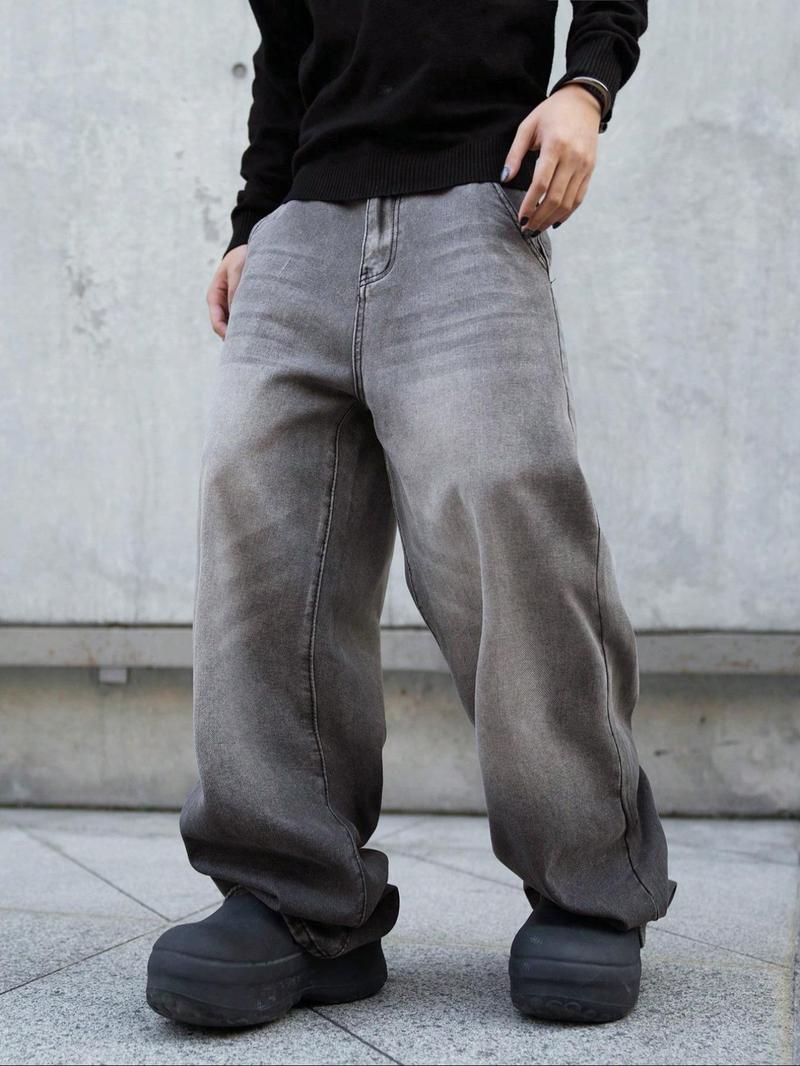 Men's Stylish Loose Wide Leg Denim Streetwear Pants, Side Pockets Denim Trousers for Daily Wear, Casual Street Wear Jeans for All Seasons