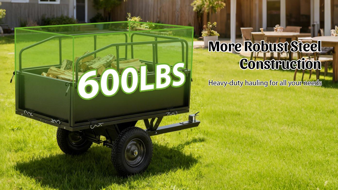 600lb Capacity Heavy Duty Dump Cart 17 Cubic Feet Lawn Trailer with Dual-Control Dump, 15" Pneumatic Tires, Steel Frame for Lawn Tractor ATV UTV Towing