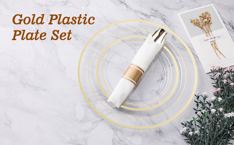 GOODLUCK 175PCS Clear Gold Plastic Dinnerware Set Disposable Party Plates for 25 Guests Includes 50 Plates 25 Pre Rolled Napkins with Silverware 25 Cups Dessert Plate Christmas Disposable Gold Cutlery