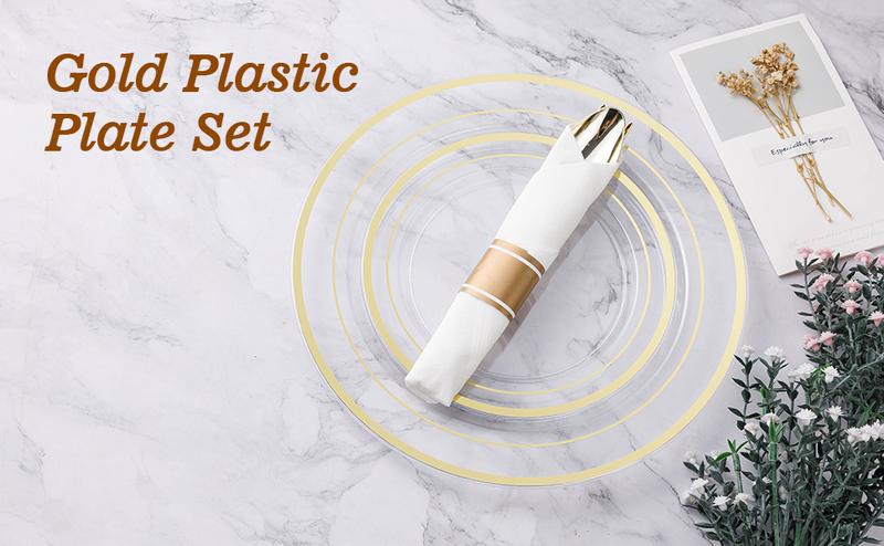 GOODLUCK 175PCS Clear Gold Plastic Dinnerware Set Disposable Party Plates for 25 Guests Includes 50 Plates 25 Pre Rolled Napkins with Silverware 25 Cups Dessert Plate Christmas Disposable Gold Cutlery