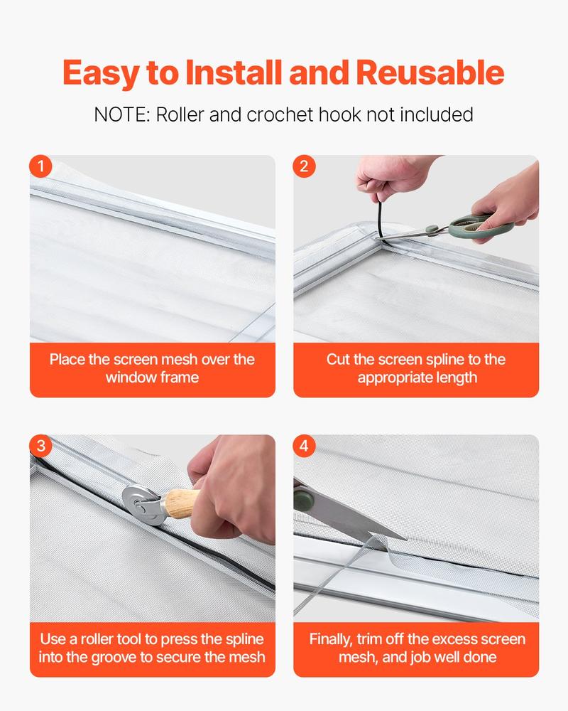 VEVOR Window Screen Spline, 100 ft x 0.125 in Window Screen Retainer Spline, PVC Window and Door Screen Spline, Hollow Serrated Screen Holder Spline, for Window Door Screen Repair and Replacement