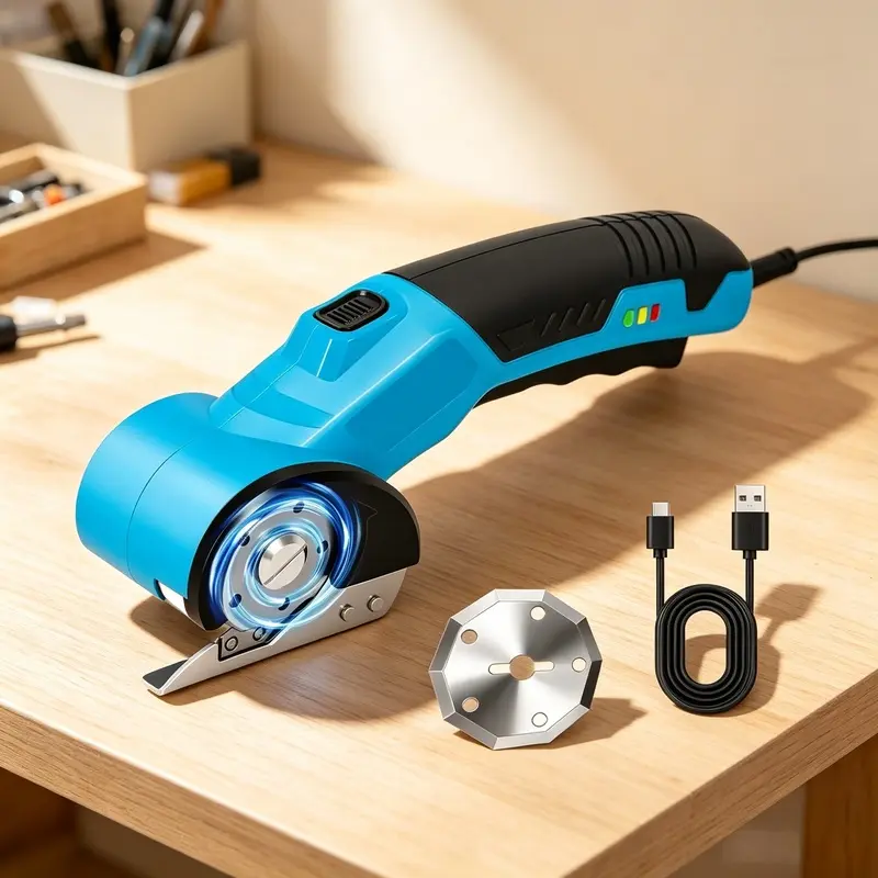 Cordless electric scissors, with blades, rechargeable cardboard box cutter, heavy-duty fabric scissors, with safety lock and LED light, electric rotary cutter for cutting leather, carpet, and plastic