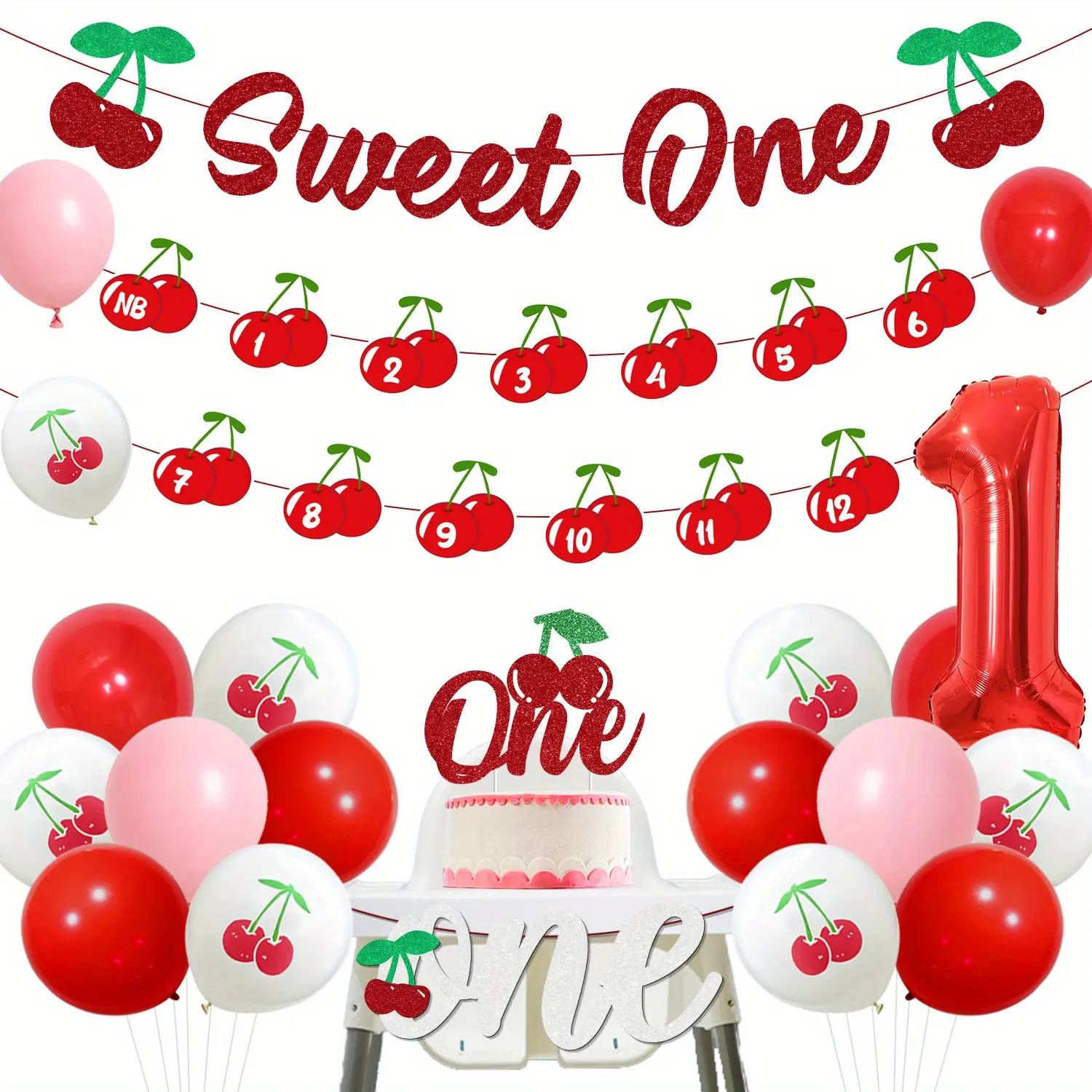 1Set Cherry Theme 1anniversary Birthday Party Decorations  Number 1 Foil Balloon Red Glitter Sweet One Banner Cake Topper  High Chair Banner for Fruit Girls