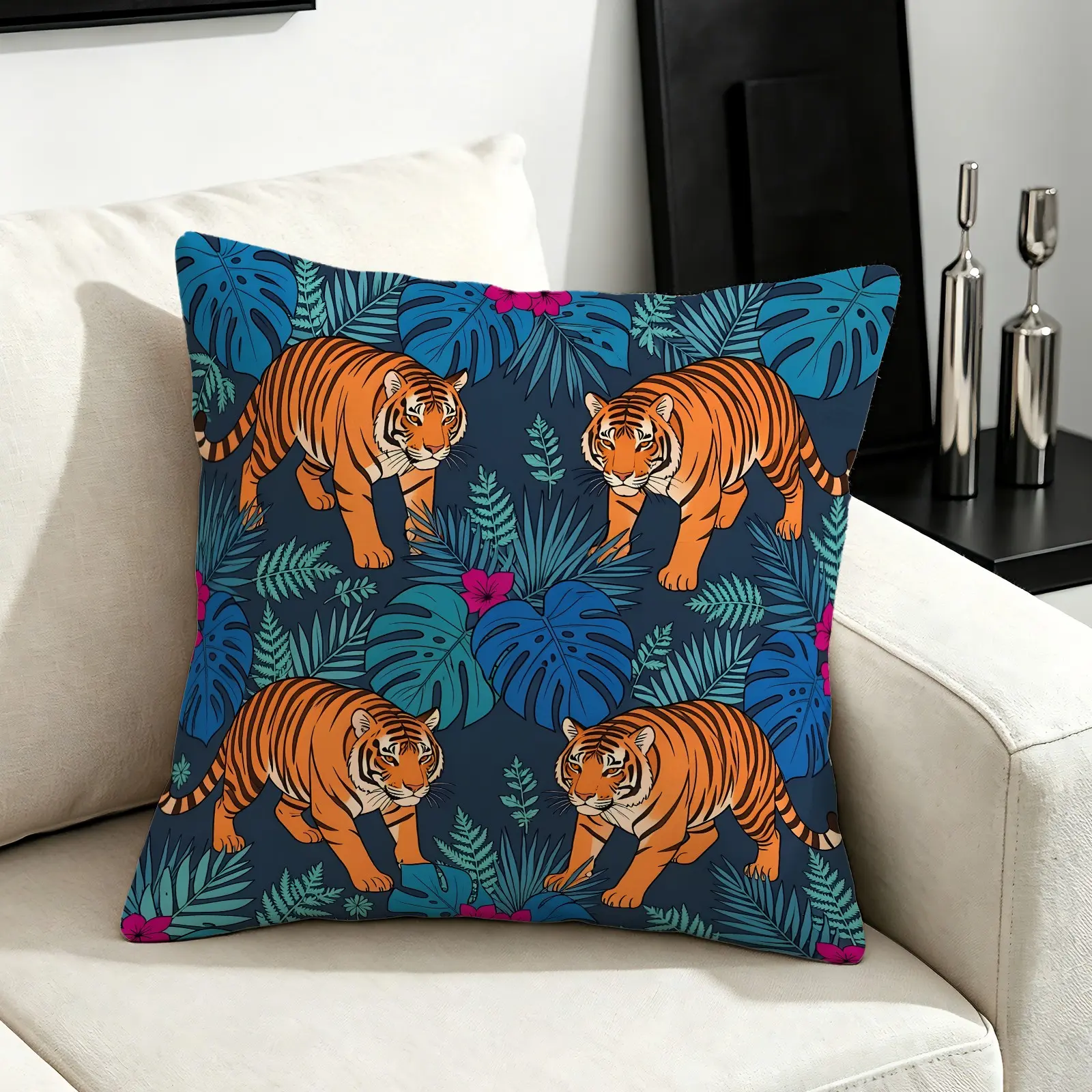 45x45cm, 1 Piece Tropical Jungle Tiger Illustration Print Throw Pillow with Trendy Contrast Color Printing, Filled with Elastic, Plump, Soft Silk Cotton, All-Age, All-Crowd, All-Scene Four-Season Decorative Cushion (Pillow Insert Included)