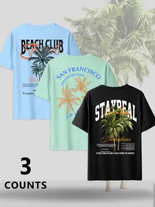Summer Men's Breathable Casual T-Shirt 3-Pack, Coconut Tree Print, American Vintage Beach Style, Loose-Fit Short Sleeve Top