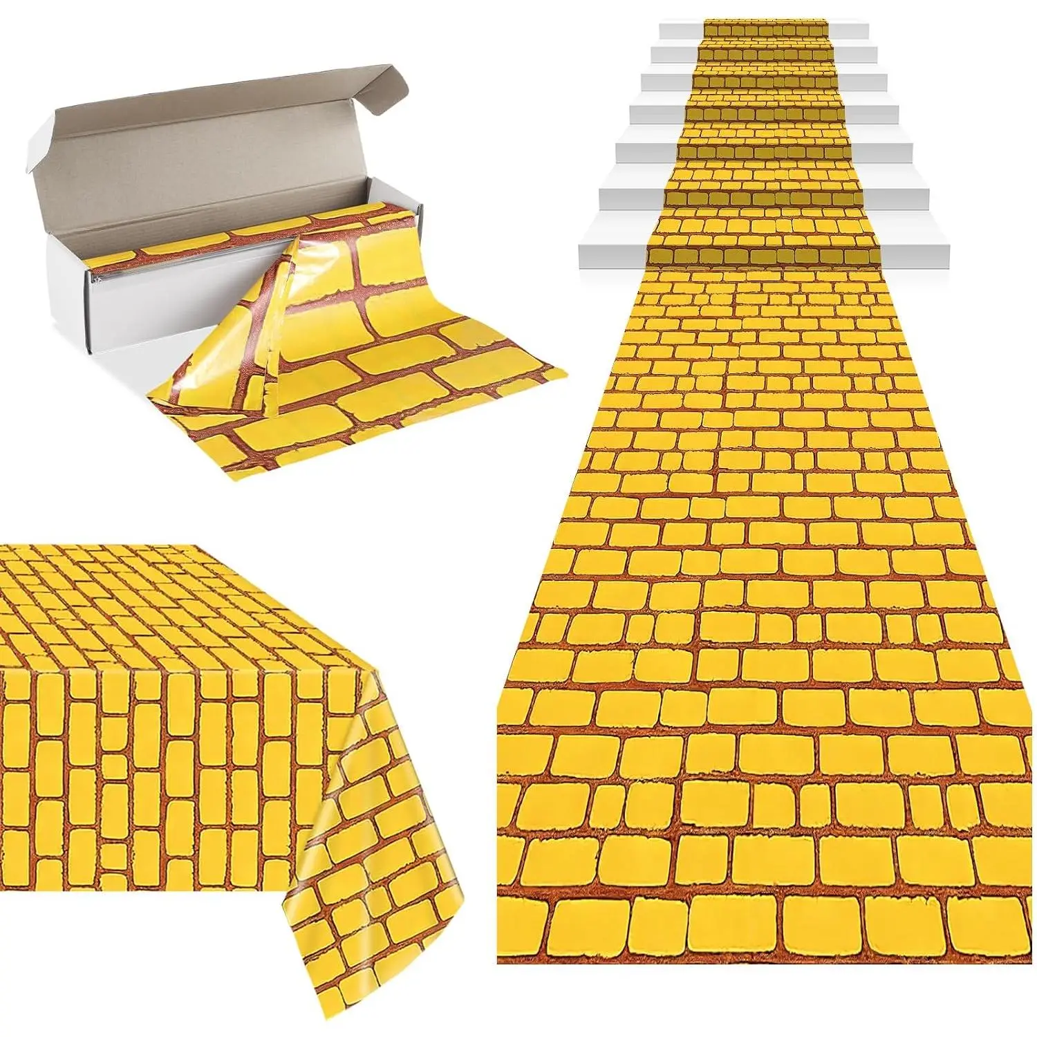 100 Ft x 54 Inch Yellow Long Floor Runner Carpet with  Box Large Yellow Brick Wall Backdrop Tablecloth Roll for Halloween Birthday Party Decorations Supplies
