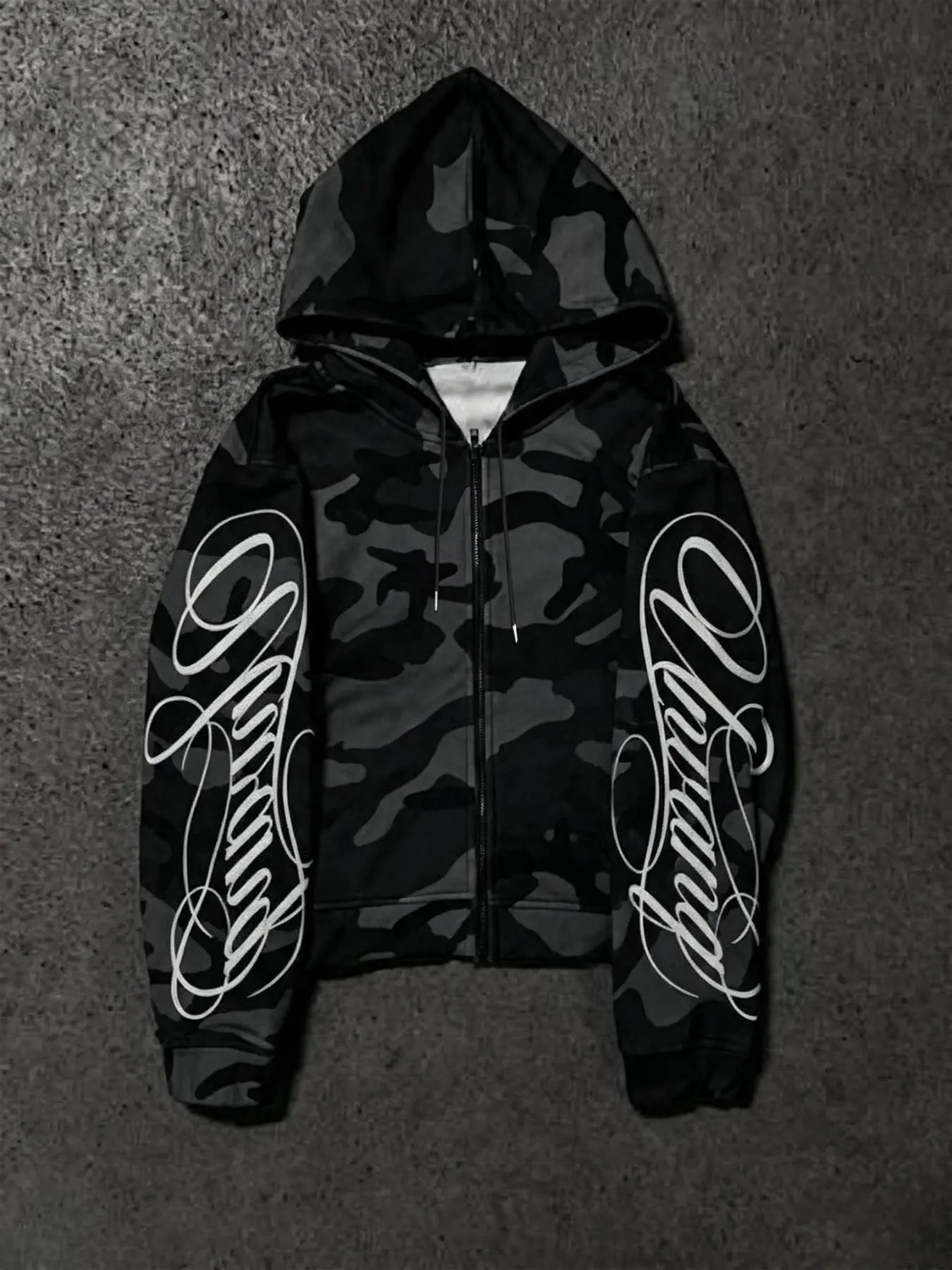 Y2K Streetwear Camouflage Graphic Zip Hooded Jacket, Loose-Fitting Sweatshirt with Collar, Colorblock Pattern, Unlined, Made in China