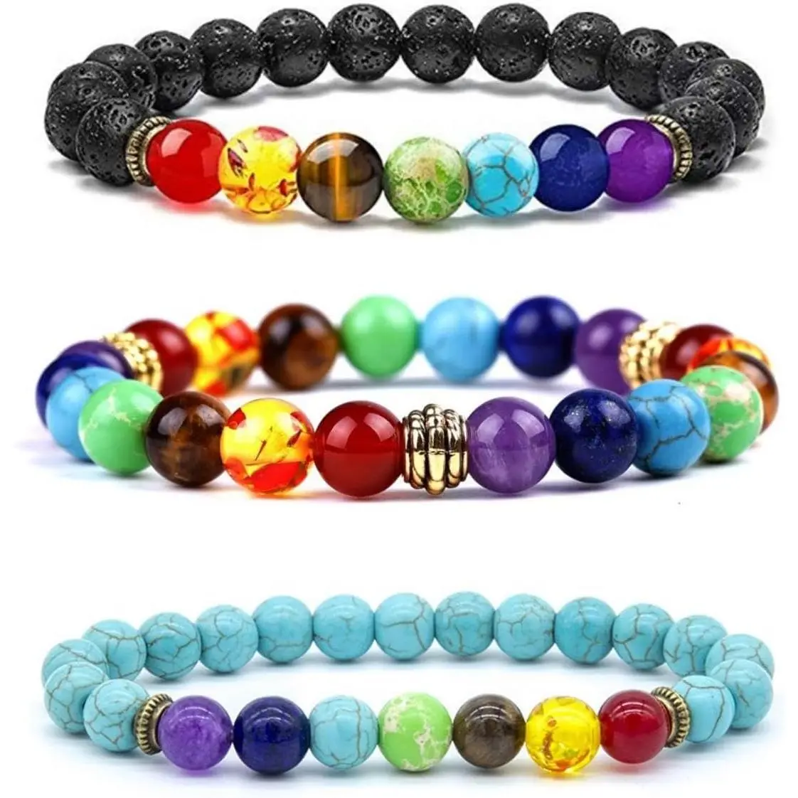 Modern Chakra Bracelets, Set of 3 Unisex Beaded Lava Rock Bands, 8mm & 6mm Adjustable Lightweight Fit for Yoga & Meditation