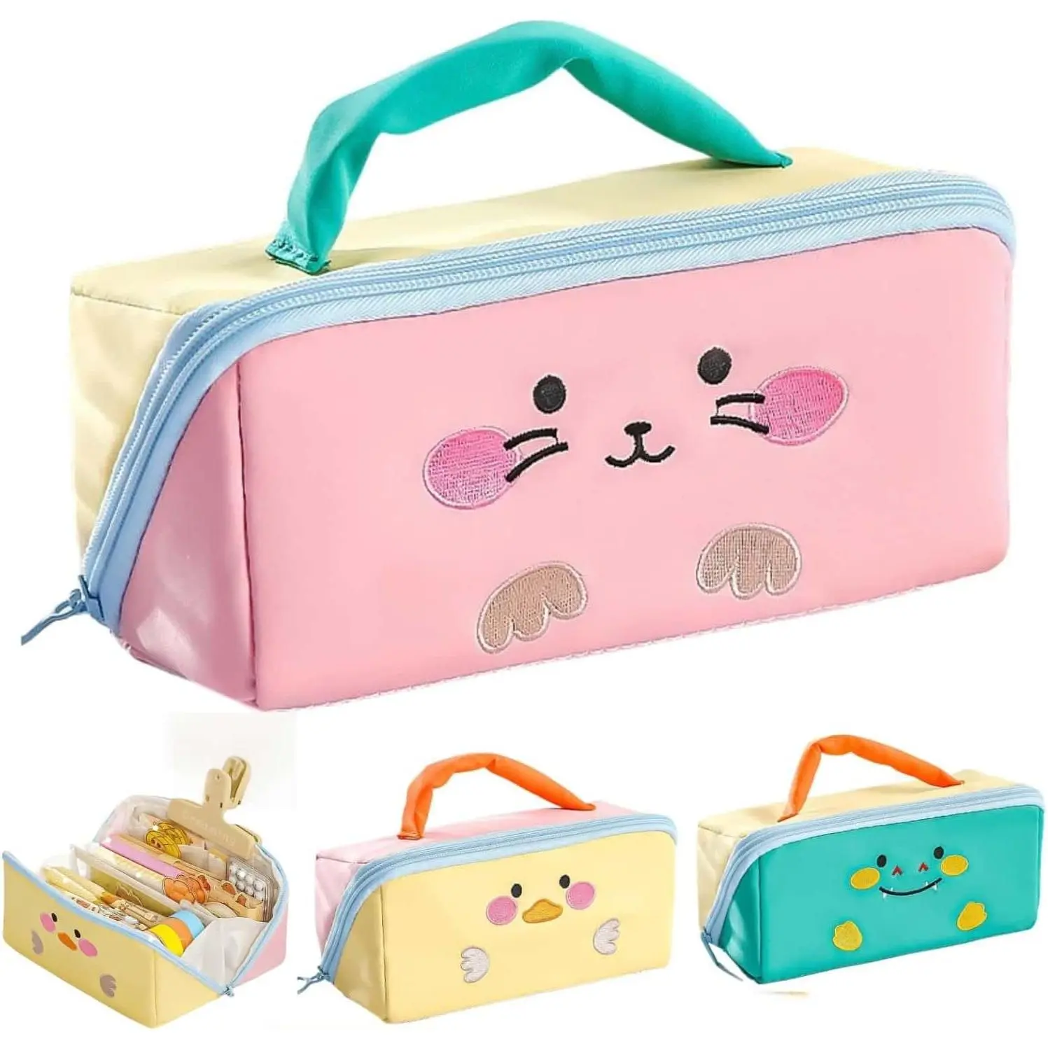Kawaii Cartoon Embroidery Pencil Case with Handle - 6-Layer Space Large-Capacity Pen Storage Organizer for Office Desk Supplies, Travel Essentials (Bunny Design)