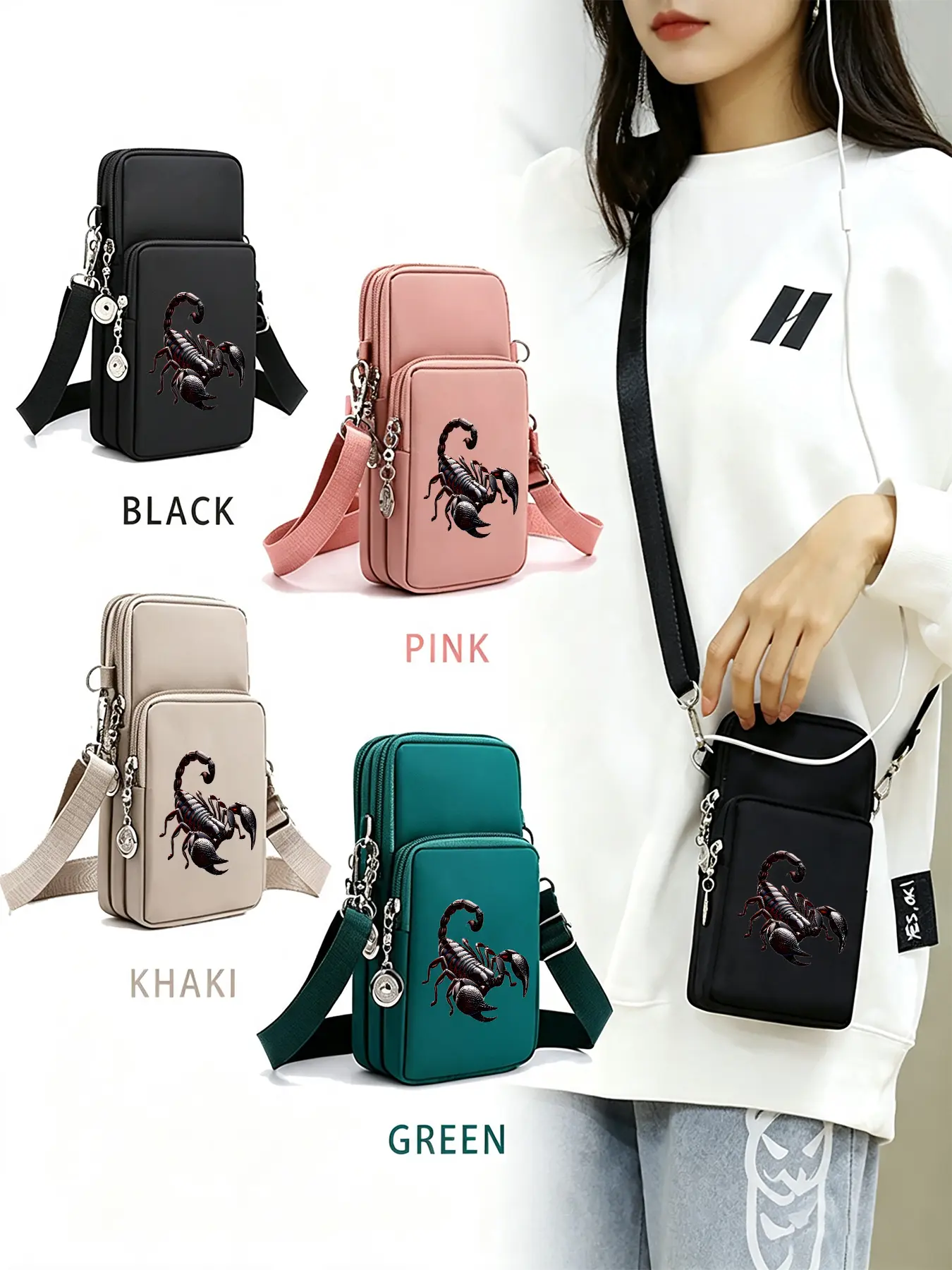 Scorpion Print Women's Crossbody Bag, Multi-pocket Shoulder Bag and Phone Holder, Features An Adjustable Shoulder Strap, Coin Pocket and Earphone Jack | Suitable for Daily Commutes and Casual Outings