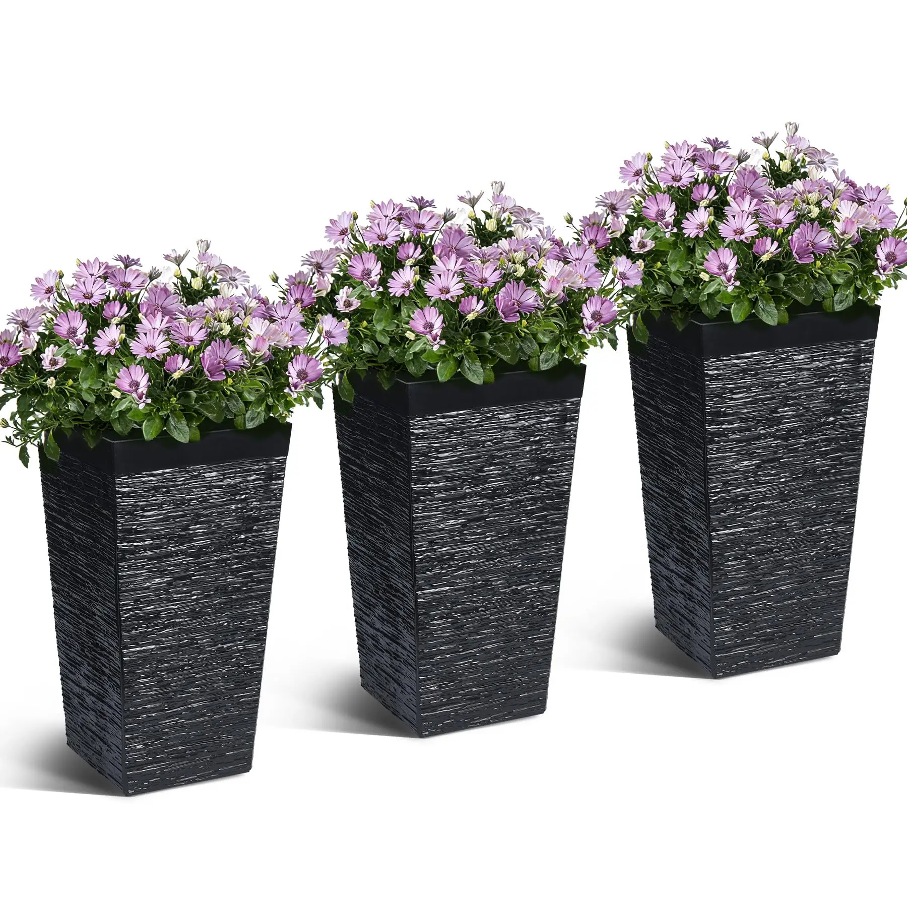 Set of 3 Large Modern Planter Boxes – Tall Rectangular Pots with Drainage & Wheels for Outdoor/Indoor Plants – Garden, Patio, Porch – Black