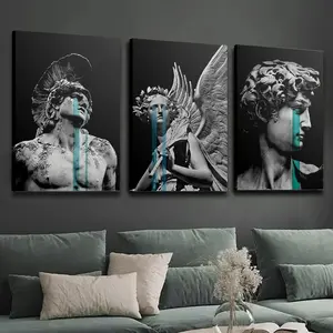 Three-piece wooden framed canvas decoration, vintage style, abstract art, black and white statue, ancient Greek painting, interior home wall decoration art