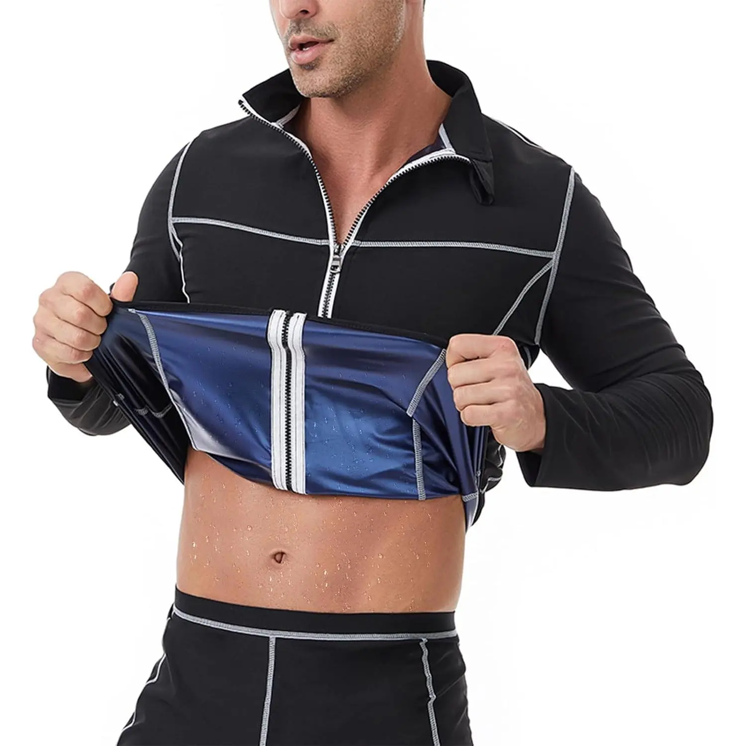 Mens Sauna Suit Long Sleeved Shirts Running Workout Sweeting Zipper Shirt Gym Fitness Sport Jacket
