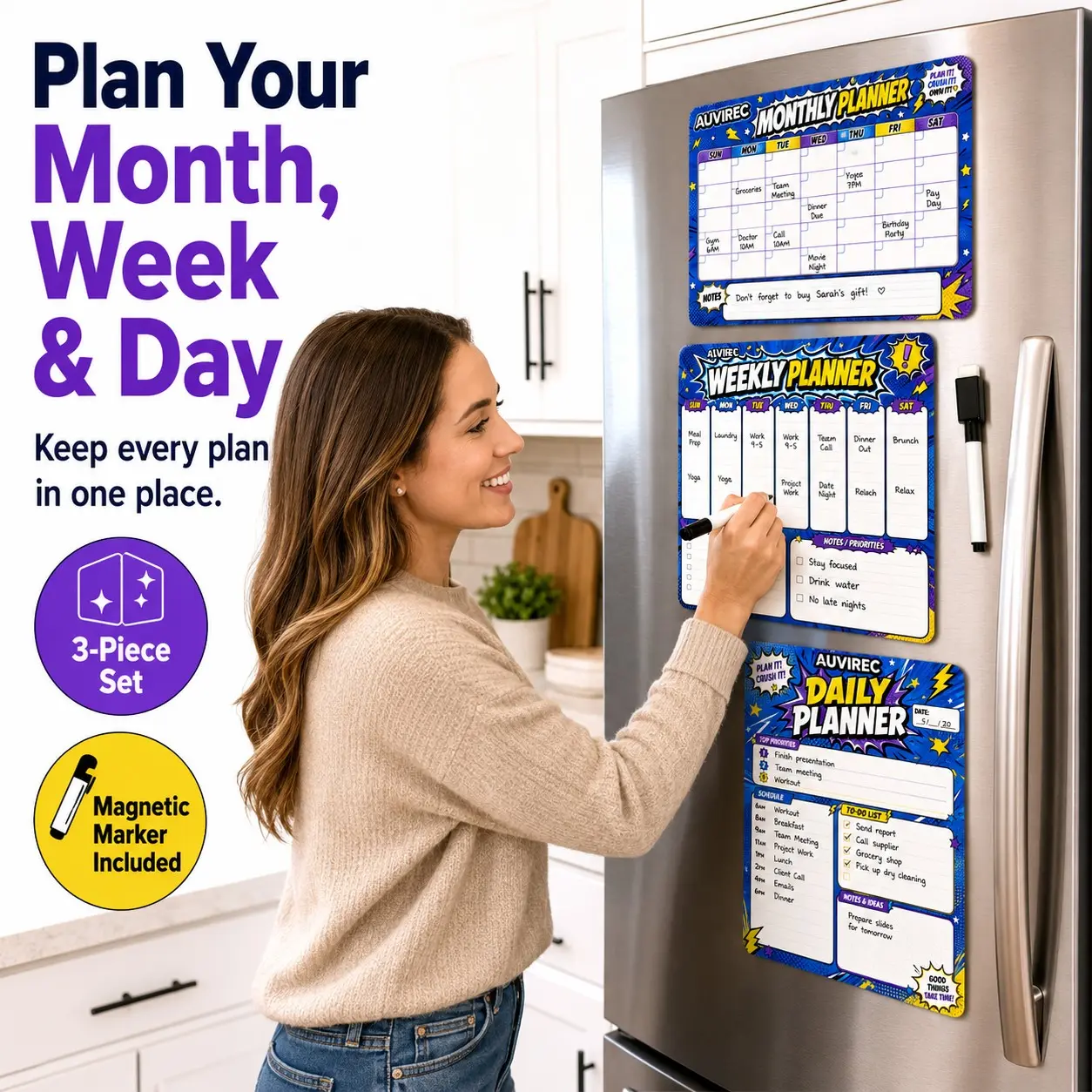 Auvirec 3-Piece Blue Comic Style Reusable Pet Dry Erase Calendar Set, Monthly Weekly Daily Planner, Home Office Refrigerator Wall Organizer