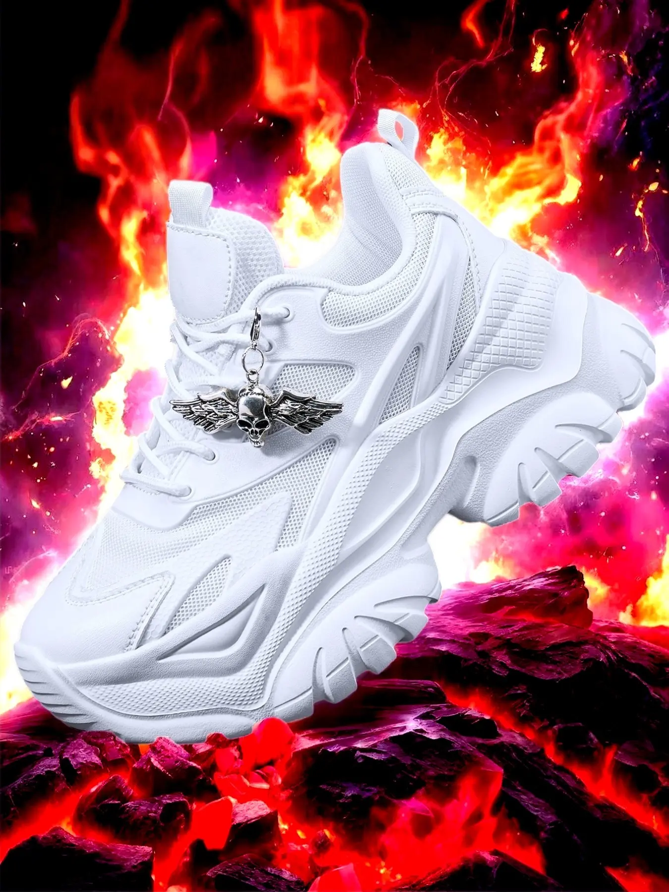Women's Dad Shoes, Eva Lightweight Thick Sole, 7cm Heel Lift, Silver Skull Charm, All Season Casual Footwear