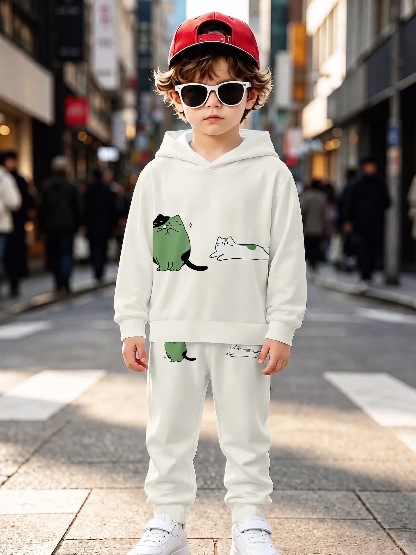 Fresh Cat Kids Casual Set, Long Sleeve Sweapants, All over Print, Natural Waist, Fall & Winter Fashion