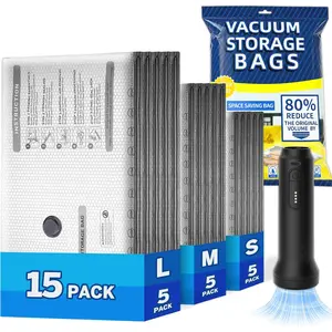 Vacuum Bags for Travel with Rechargeable Electric Pump, 15 PCS  Storage Bags Vacuum Sealed, Space Saver Bags Carry-on Size Compression Packing Bags for Luggage and Suitcase