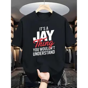 [ Graphic Tee] Black Casual T-Shirt - "IT's A JAY Thing YOU WOULDN'T UNDERSTAND" Bold White and Red Print, Relaxed Fit, Round Neck, Perfect for Casual Attire, Stylish Apparel for Fashion Enthusiasts