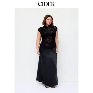 Cider Lace Mandarin Collar Knotted Ruched See-through Top & Satin Mid Rise Maxi Skirt Set Curve & Plus