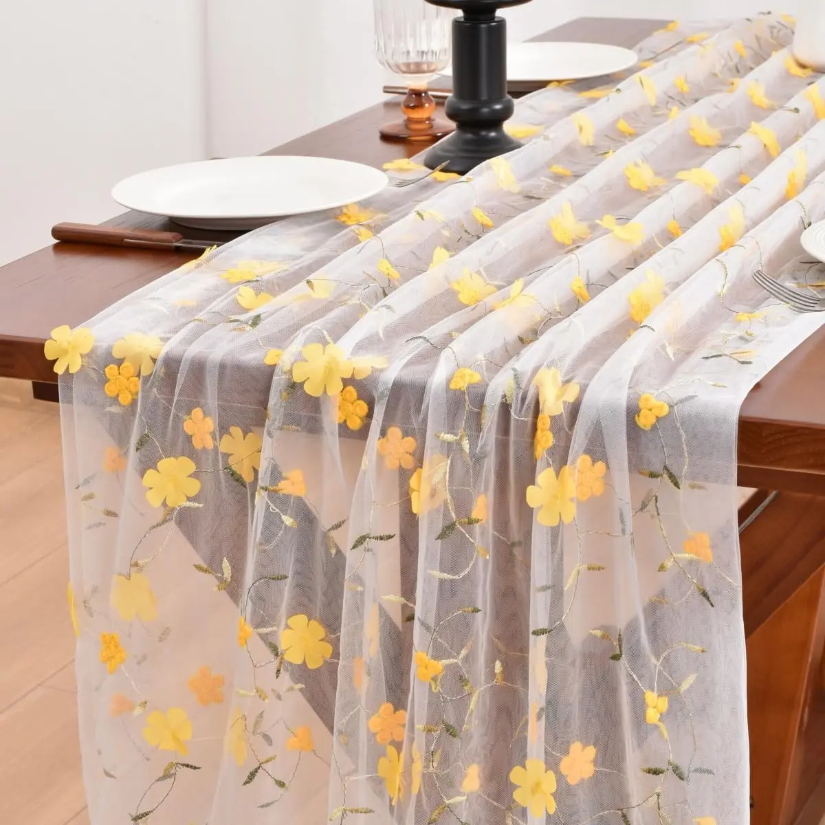 Yellow Wildflower Table Runner Gauze Floral Birthday Party  Table Decor | 10ft Embroidery Flower Summer Seasonal Rustic Tulle Table Runner for Wedding  Shower Holiday Picnic Decorations